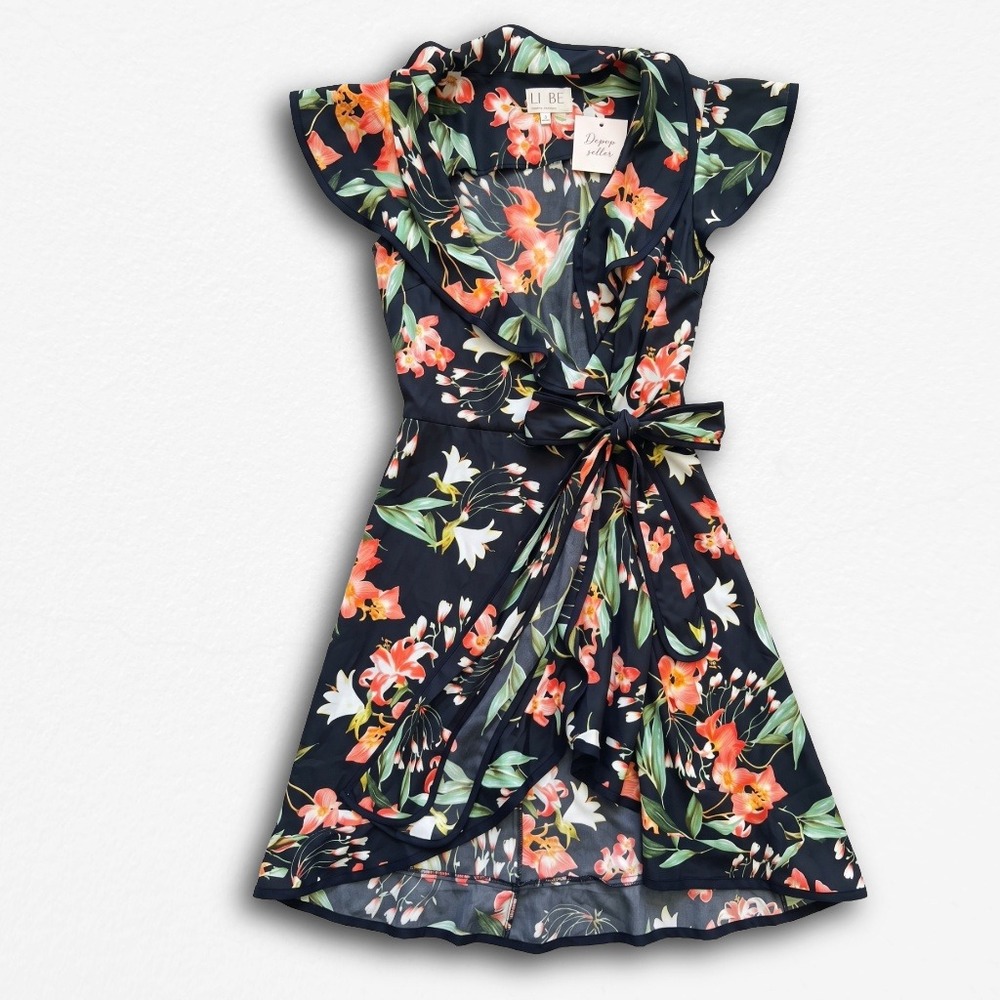 Hi There from Karen Walker Floral Wrap Dress Ruffle Flutter Sleeve Navy Orange 6